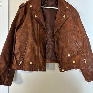 Brown Faux Leather Bruins Centennial Moto Jacket with Gold Hardware